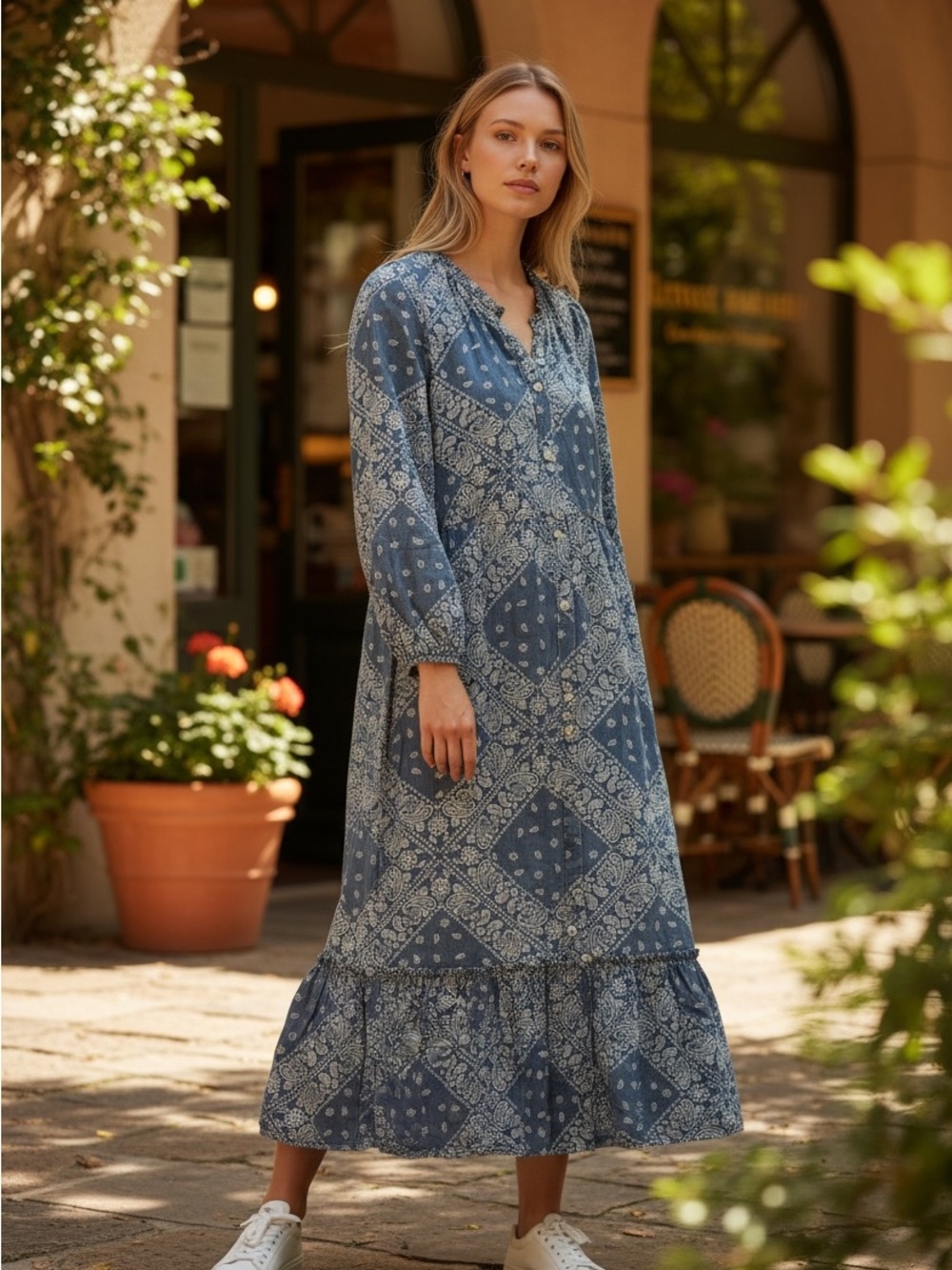 Daily Thread Bandana Maxi Long Sleeve Dress L Blue Pockets Boho Western Comfy